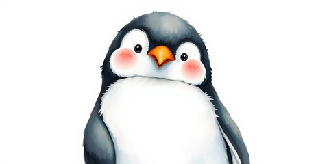Fototapeta premium Adorable penguin painting on watercolor paper, featuring a fluffy white belly, orange beak, and pink cheeks, white belly, animal, fluffy