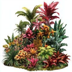 Fototapeta premium Lush Tropical Jungle Scene Featuring Vibrant Exotic Plants and Colorful Foliage in a Lively and Inviting Landscape