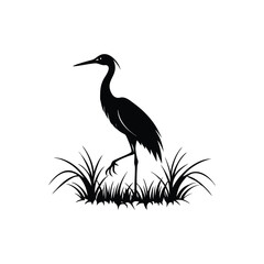 Black and White Heron Bird Silhouette with Grass – Vector Illustration