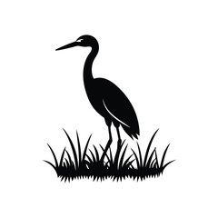 Black and White Heron Bird Silhouette with Grass – Vector Illustration