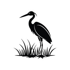 Black and White Heron Bird Silhouette with Grass – Vector Illustration