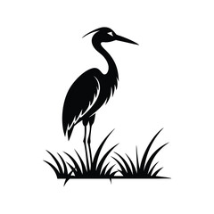 Black and White Heron Bird Silhouette with Grass – Vector Illustration