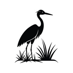  Black and White Heron Bird Silhouette with Grass – Vector Illustration