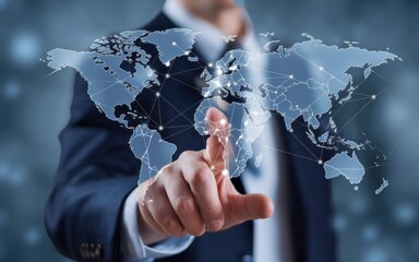 Businessman touching a world map with connections on screen