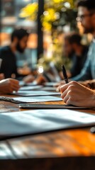 Obraz premium Signing Agreement at Wooden Table During Business Meeting Indoors