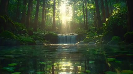 Obraz premium Serene forest waterfall scene at sunrise, sunlight streams through trees illuminating tranquil stream and mossy rocks.