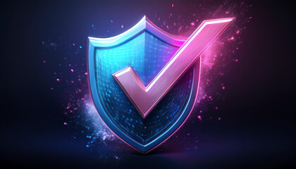 A vibrant, digital shield symbol with a checkmark, representing security and reliability in a modern design.