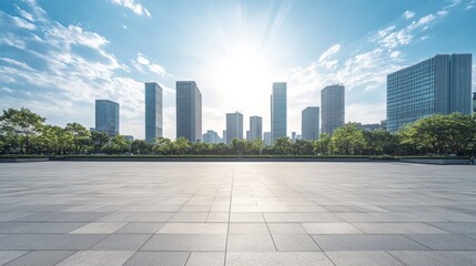 A sleek city plaza with a skyline at midday. Featuring modernity and vibrancy