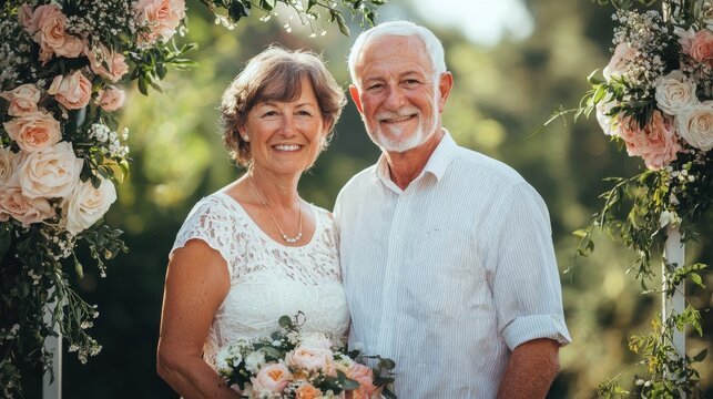 Elderly Couple Holding Flowers Together During Their Vow Renewal Ceremony in a Beautiful Floral Setting
