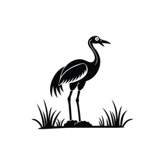  Black and White Heron Bird Silhouette with Grass – Vector Illustration