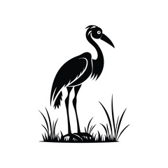  Black and White Heron Bird Silhouette with Grass – Vector Illustration