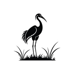 Fototapeta premium Black and White Heron Bird Silhouette with Grass – Vector Illustration