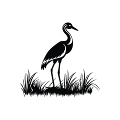  Black and White Heron Bird Silhouette with Grass – Vector Illustration