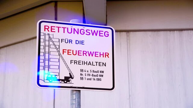 Blaulicht und ein Verkehrsschild mit dem Hinweis auf einen Feuerwehr Rettungsweg 