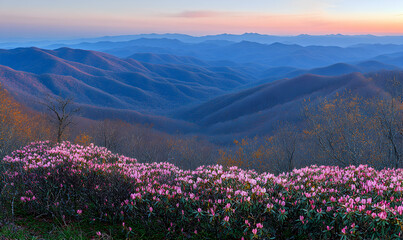 Fototapeta premium Serene sunset over majestic mountains, vibrant pink rhododendron blossoms in foreground. Breathtaking landscape photography.