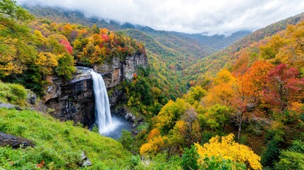 Autumn Waterfall in Mountain Valley
