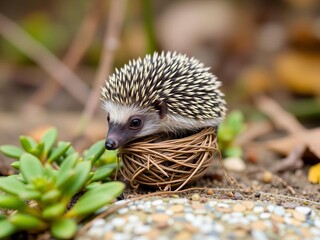 Fototapeta premium Adorable hedgehog with a delicate flower nest on its prickly body, fauna, spiky, hedgehog