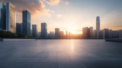 A sleek city plaza with a skyline at sunset. Featuring warmth and beauty