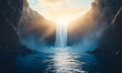 Majestic waterfall cascading between dramatic cliffs at sunset, ethereal mist and golden light.  Breathtaking nature scene.