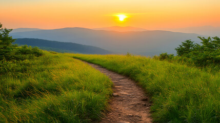 Serene sunset over mountain range with grassy trail. Peaceful landscape photography ideal for travel, nature, and relaxation themes.