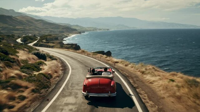 Aerial view of a vintage red convertible driving along a coastal road, capturing a scenic journey. Ideal for a travel video concept.