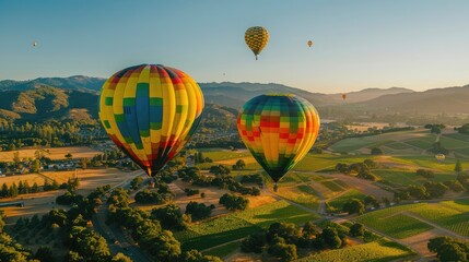Obraz premium Majestic Hot Air Balloons Soaring Over Scenic Vineyards at Sunrise