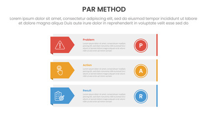 PAR method infographic 3 point with long rectangle box container with arrow badge side for slide presentation