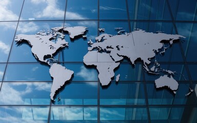 World map installation on a modern glass building facade