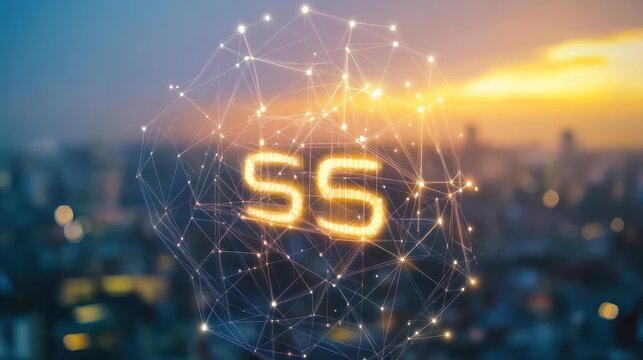 Network Connection Symbol with Illuminated Letters in Cityscape Background