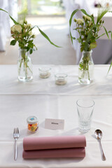 Festively set table at a wedding reception 