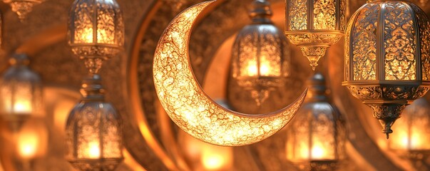 Golden lanterns and crescent moon shining brightly for ramadan