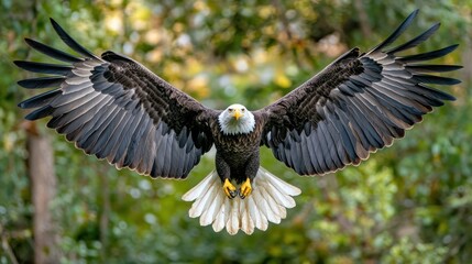 Fototapeta premium Bald eagle landing, wings spread, forest background, wildlife