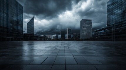 A sleek city plaza with a skyline under fast-moving storm clouds. Featuring contrast and scale