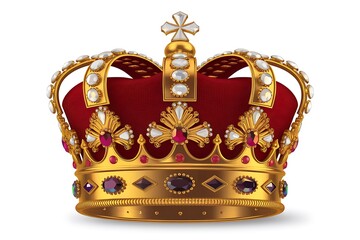 A majestic gold crown adorned with vibrant rubies, sparkling diamonds, and other precious gems. The crimson velvet lining adds to its regal splendor.