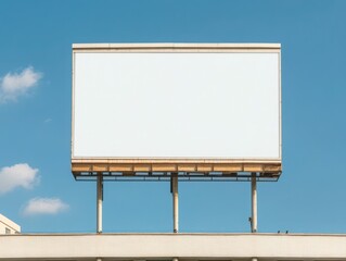 Obraz premium A wide horizontal blank billboard placed at the top of a contemporary building, with clear blue skies and a few scattered clouds in the background. 