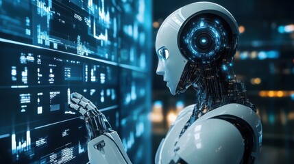 Futuristic Robot Interacting with Advanced Digital Interface AI Technology Concept