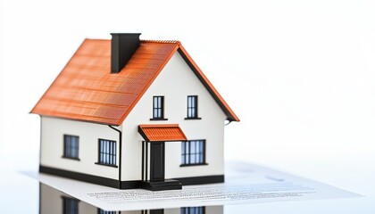 mortgage real estate strategy credit loans concept. A small model house with a red roof placed on a document, symbolizing real estate or home ownership.