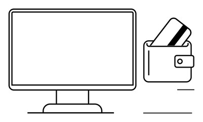 Monitor and wallet with credit card emphasize online payment. Ideal for e-commerce, fintech, banking, digital shopping, online services, financial technology, mobile payments. Line metaphor