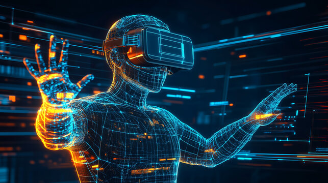 A futuristic digital human wearing a VR headset interacts with a virtual environment, symbolizing the immersive potential of virtual reality and advanced technology.