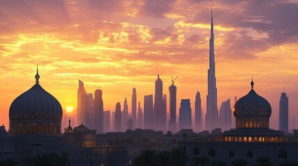 Obraz premium Dubai Skyline at Sunset: A Breathtaking Panorama of Modern Architecture and Traditional Domes