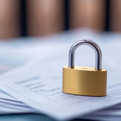 Fototapeta premium mortgage real estate strategy credit loans concept. A golden padlock on stacked documents represents security and confidentiality.