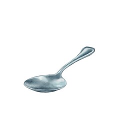 A realistic watercolor illustration of a metal spoon with detailed texture. Suitable for cookbooks, packaging, restaurant design, kitchen prints, gastronomic projects, and advertising.