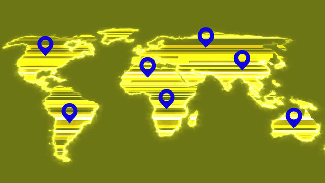 illustration map in the style of flat markers positioning on the continents
