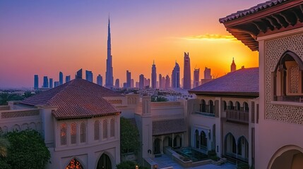 Obraz premium Dubai Skyline Sunset: Arabian Architecture and Modern Marvels