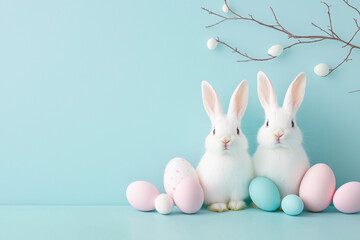 Obraz premium Two adorable white Easter bunnies surrounded by pastel-colored eggs, perfect for a spring celebration.