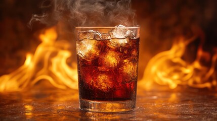 Iced drink steaming, fire background, dark surface, advertisement
