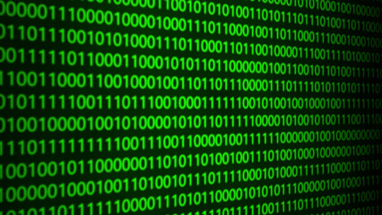 Abstract green binary code on black. Changing program code from zero and one. Futuristic cyberspace, binary data, streaming code matrix background.