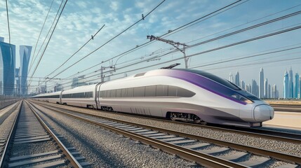 Naklejka premium High-Speed Train Journey Through Modern Cityscape