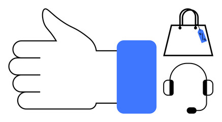 Thumbs up gesture symbolizing approval, shopping bag with a price tag representing e-commerce, and a headset for customer service. Ideal for customer support, online shopping, e-commerce, sales