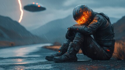 Dejected biker, stormy road, UFO, lightning
